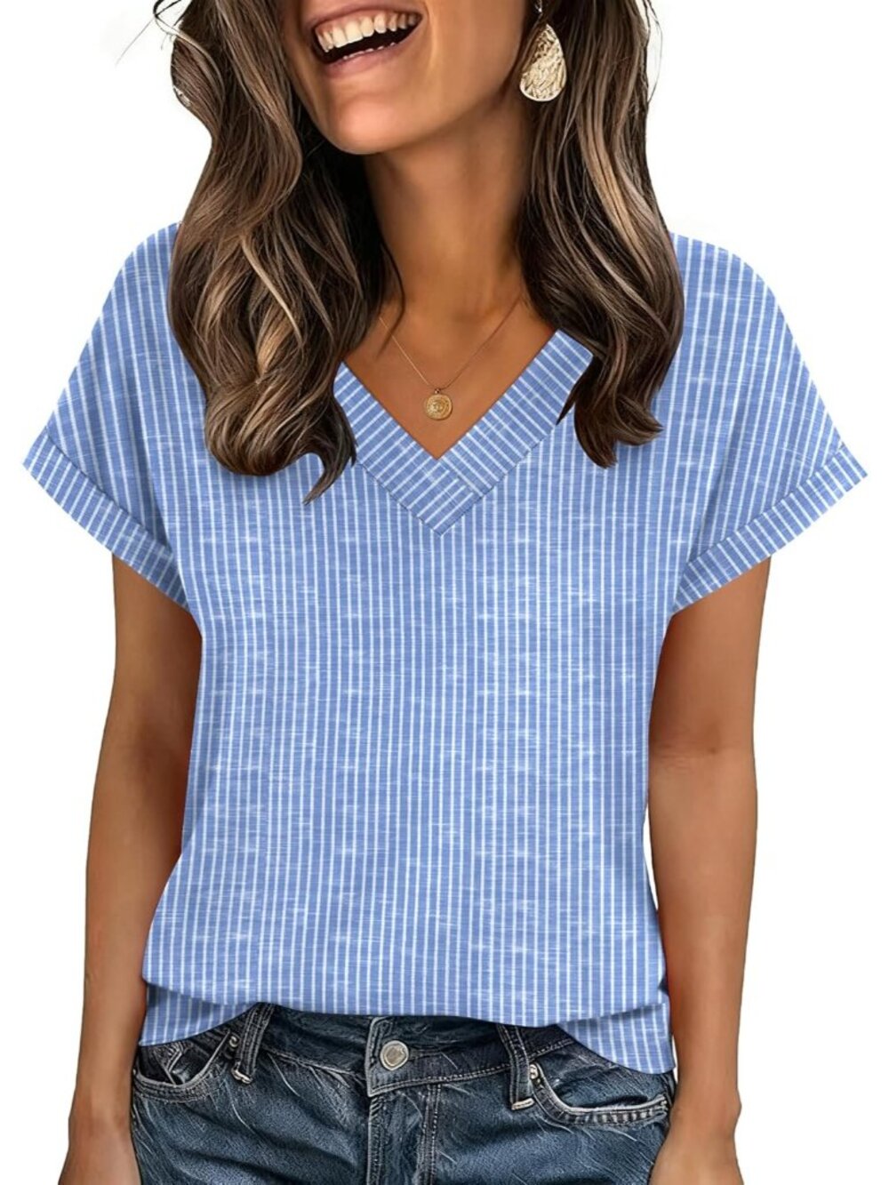 Women's Blue Stripe Short Sleeve V Neck Basic Tees Shirts Casual Tops Blouses